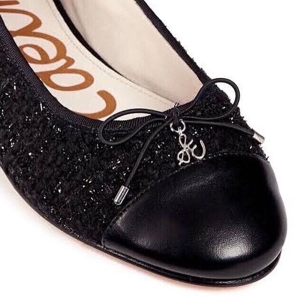 Sam Edelman Sara Ballet Flat Tweed Black Shimmer Leather Cap Toe Bow 10